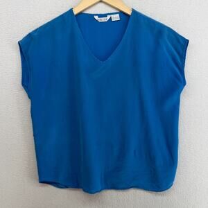 ROYAL SILK Top Womens M Silk Crepe de Chine Boxy V-Neck Cap Sleeve Blue HK VTG
